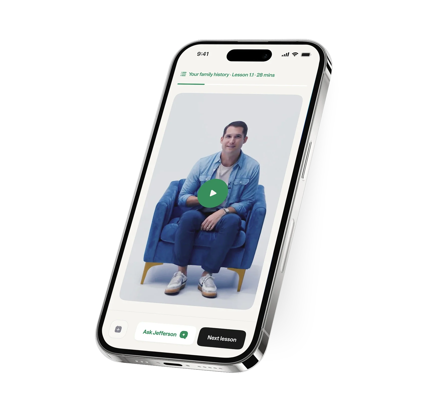 The Effective Communicator Academy app: a lesson video with Ask Jefferson, a communication-type card and lesson notes